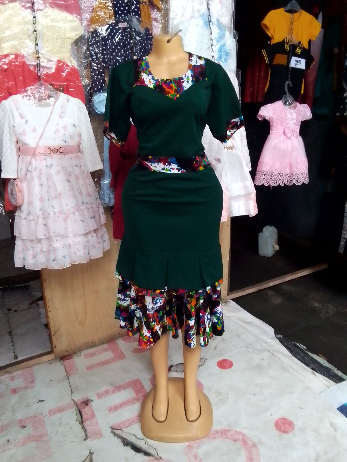 Green Dress with Colorful Hem