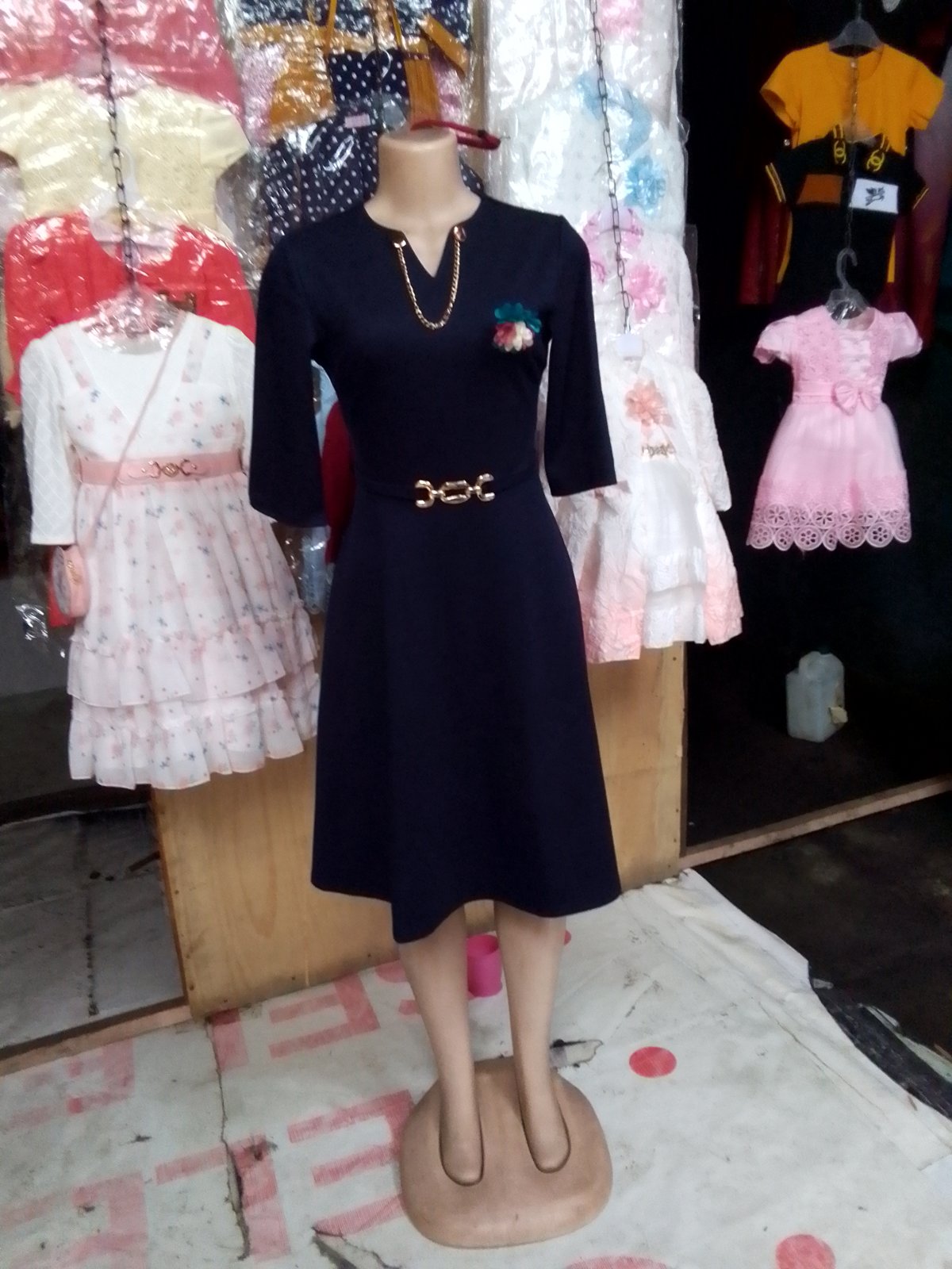 Navy Midi Dress with Belt