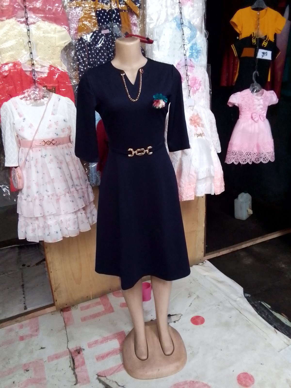 Navy Midi Dress with Belt