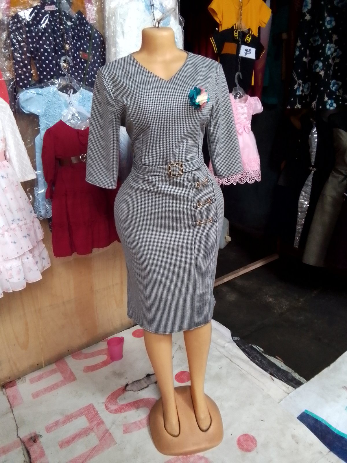 Gray Checkered Dress with Belt