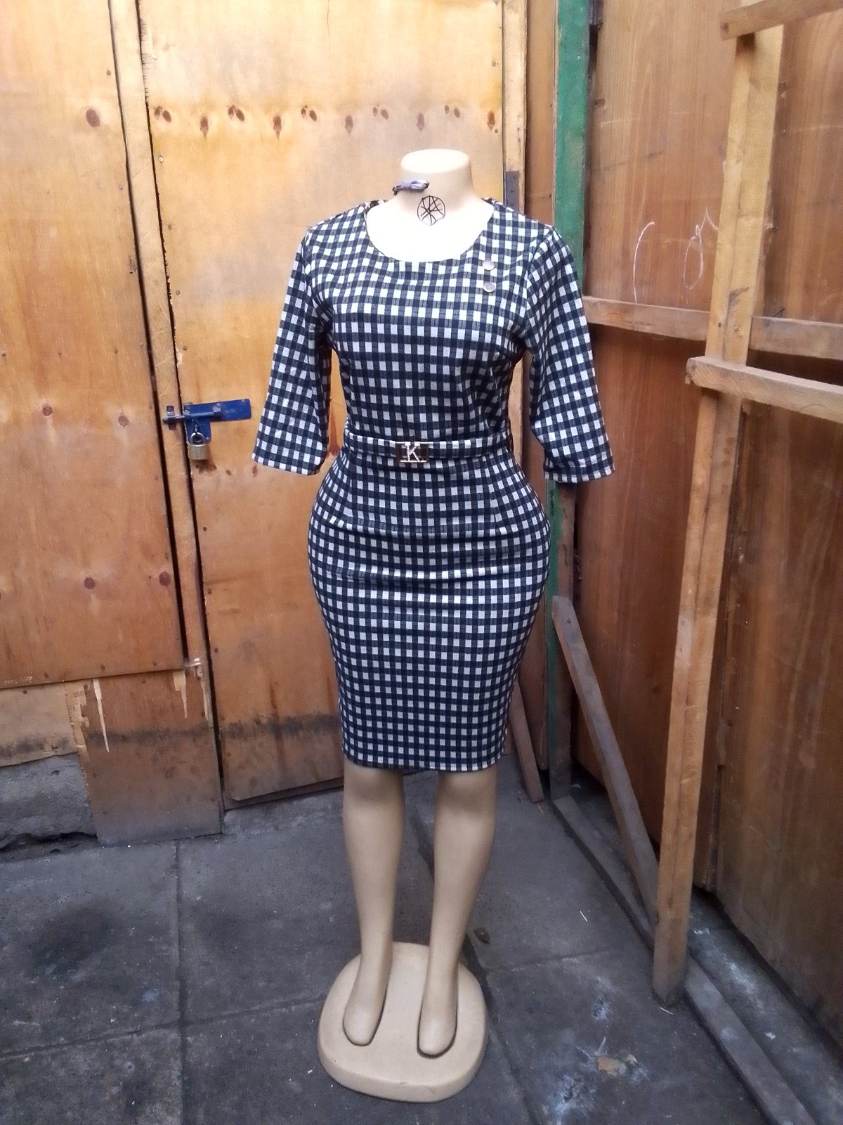 Checkered Midi Dress with Belt