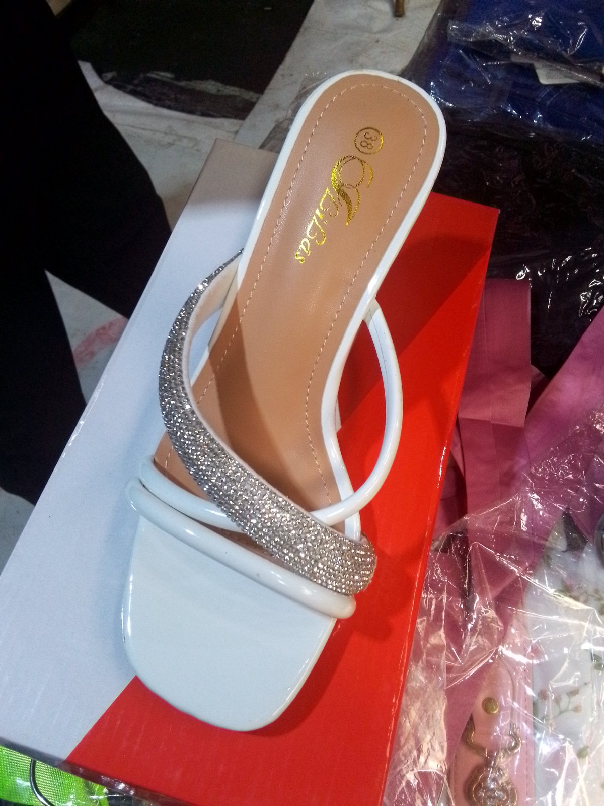 Wajose White Glitter Strap Heeled Sandals
